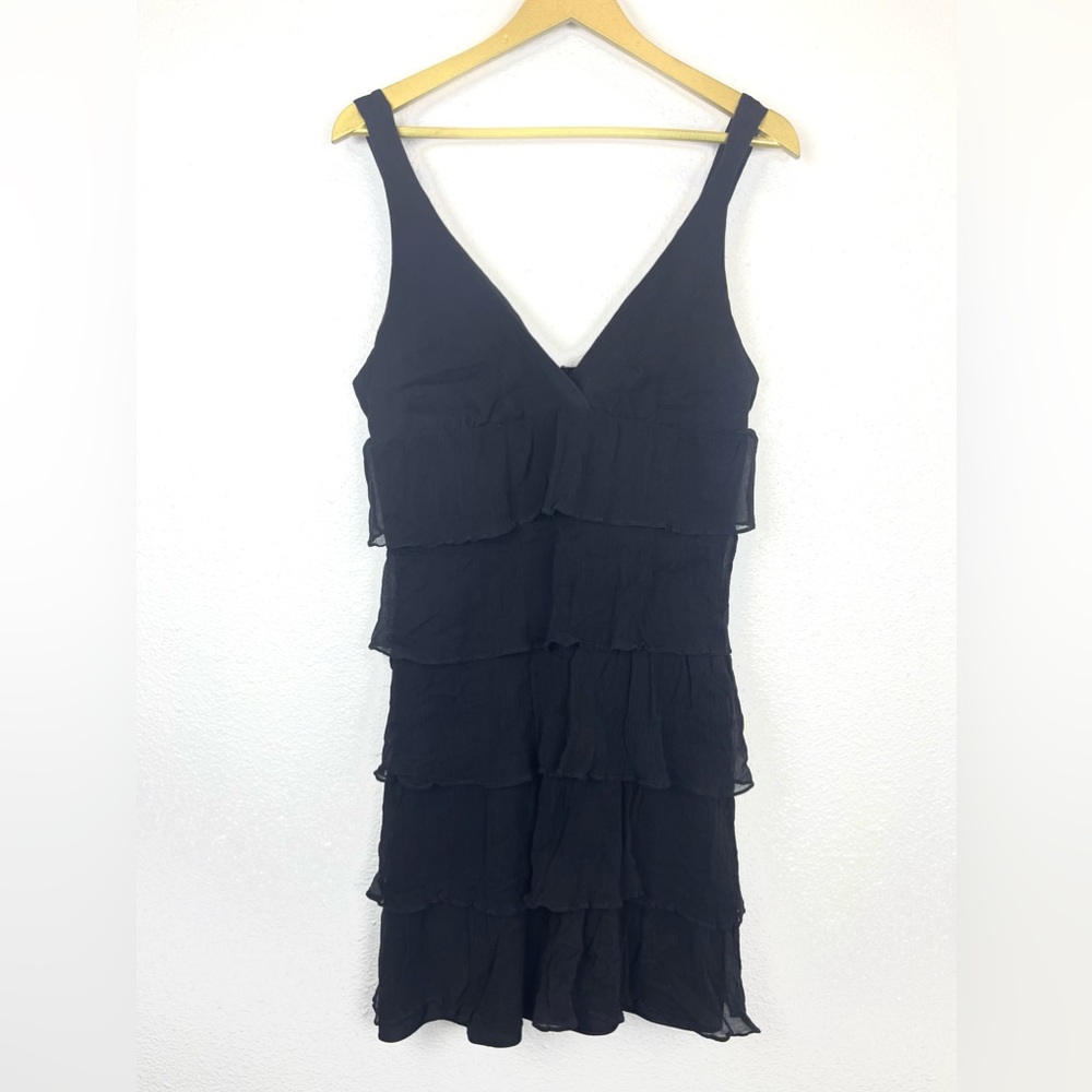 J. Crew Zadie 100% Silk Black Mini Dress Tiered Ruffle V-Neck Size 10 - Picture 3 of 10